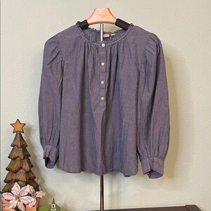 Gap Women Chambray Blue Ruffle Shirred Popover Half Placket Cotton Blouse Top S